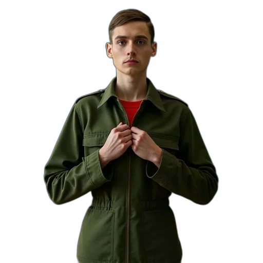 jacket, staff, face, 3d render, green, earth tones, person, military transparent PNG cut-out