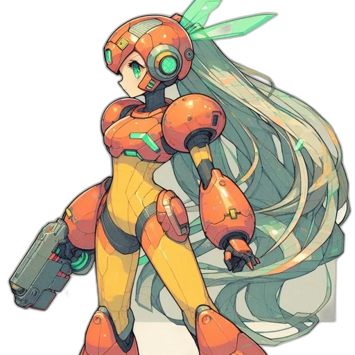 robot, weapon, concept art, pixel art, anime, cyberpunk, green, colorful transparent PNG cut-out