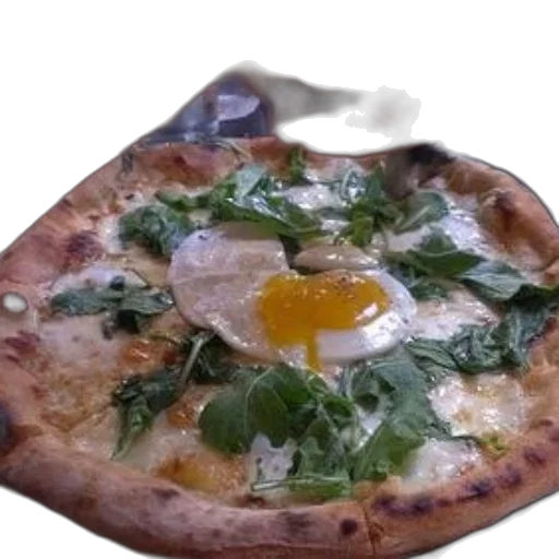 food, 3d render, photorealistic, pizza, egg, top, garnished, greens transparent PNG cut-out