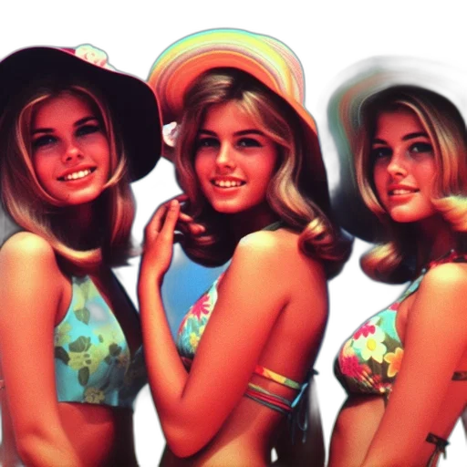 hat, photorealistic, neon, colorful, pastel, three, young, women transparent PNG cut-out