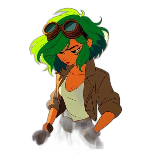 jacket, staff, concept art, cartoon, cyberpunk, comic book art, green, neon transparent PNG cut-out