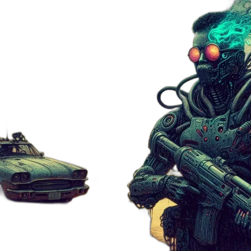 robot, weapon, concept art, cyberpunk, pixel art, 3d render, outer space, green transparent PNG cut-out