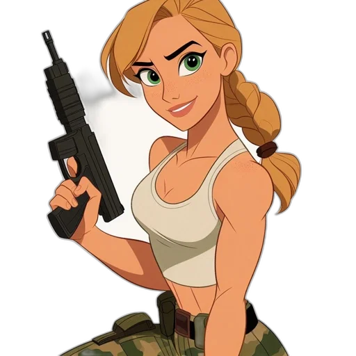 weapon, cartoon, pixel art, concept art, comic book art, blonde, woman, green transparent PNG cut-out