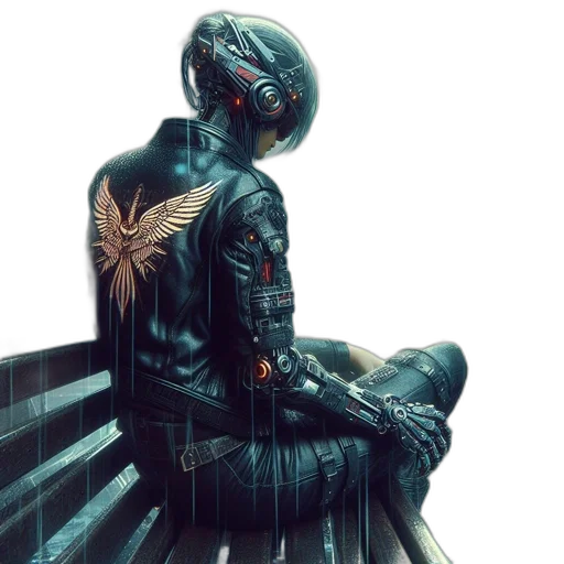jacket, robot, cyberpunk, concept art, comic book art, fantasy art, outer space, dark transparent PNG cut-out