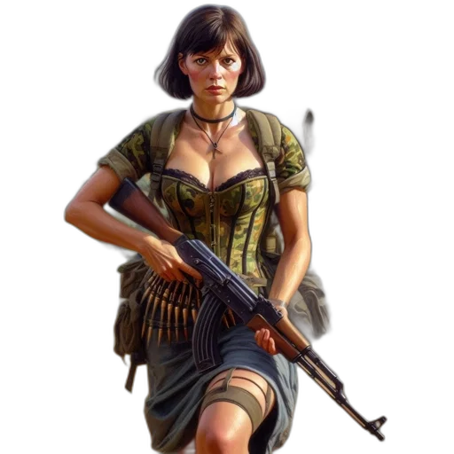 dress, weapon, concept art, photorealistic, fantasy art, pixel art, woman, military transparent PNG cut-out