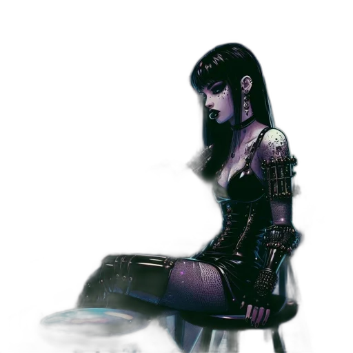 robot, dress, staff, concept art, fantasy art, cyberpunk, comic book art, dark transparent PNG cut-out