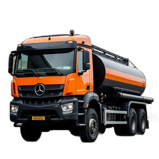 photorealistic, 3d render, black, orange, tanker, truck, parked, street transparent PNG cut-out