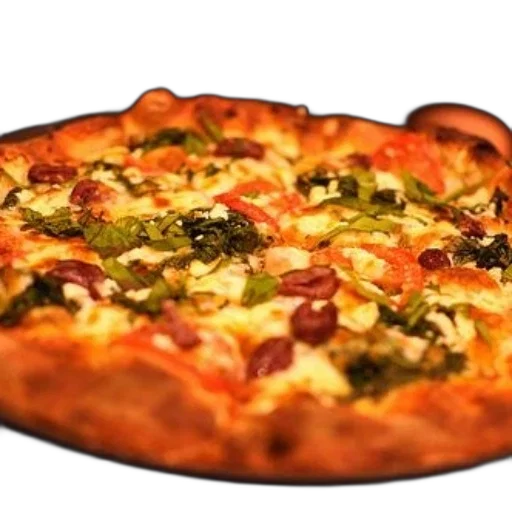 food, 3d render, photorealistic, delicious-looking, pizza, toppings, like, spinach transparent PNG cut-out