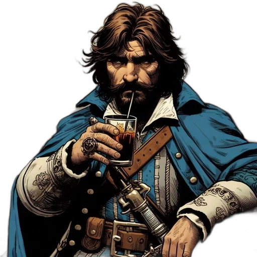 comic book art, concept art, bearded, man, blue, coat, sword, glass transparent PNG cut-out