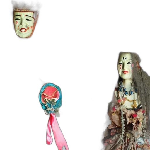 mask, jewelry, face, staff, 3d render, concept art, vaporwave, photorealistic transparent PNG cut-out