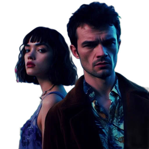 jacket, concept art, cyberpunk, neon lights, outer space, two, people, stand transparent PNG cut-out