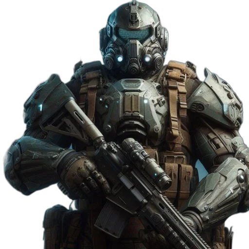 robot, weapon, concept art, 3d render, comic book art, green, earth tones, futuristic transparent PNG cut-out