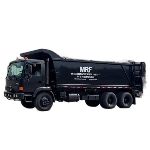 large, black, garbage, truck, parked, front, facility, words transparent PNG cut-out