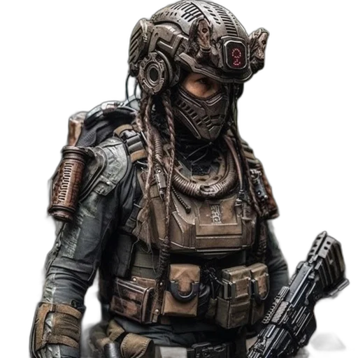 mask, weapon, face, jacket, concept art, 3d render, cyberpunk, comic book art transparent PNG cut-out