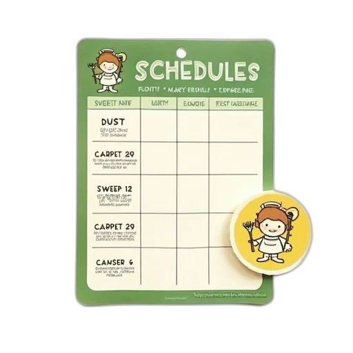 vintage-style, cleaning, schedule, green, white, design, displayed, background transparent PNG cut-out