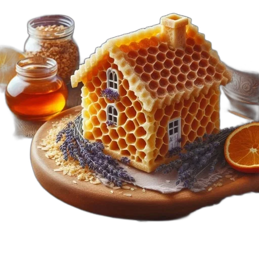 food, 3d render, honeycomb, house, wooden, board, jar, honey transparent PNG cut-out
