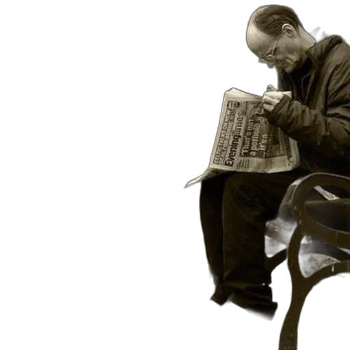 furniture, jacket, staff, photorealistic, man, reads, newspaper, while transparent PNG cut-out