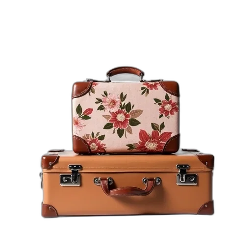 furniture, two, pieces, floral, fabric, brown, leather, luggage transparent PNG cut-out