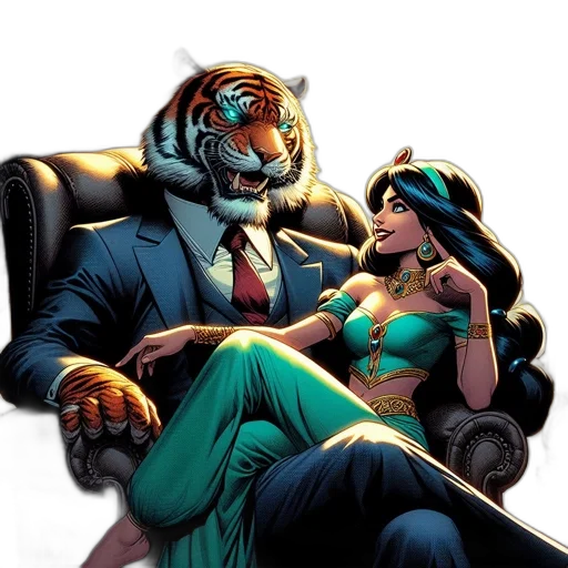 comic book art, concept art, formal, tiger, lady, sit, together, dimly transparent PNG cut-out