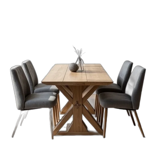 furniture, 3d render, rectangular, dining, table, set, wooden, cross transparent PNG cut-out