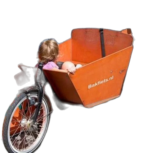 photorealistic, 3d render, child, sits, back, bakfiets, cargo, bike transparent PNG cut-out