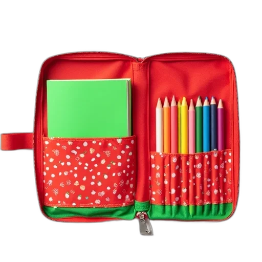 red, colorful, pencil, case, strawberry, pattern, open, displaying transparent PNG cut-out