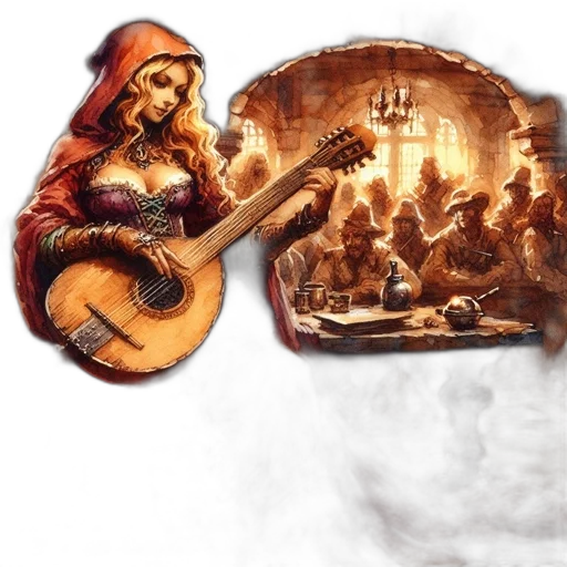concept art, fantasy art, fire, woman, plays, lute, bustling, medieval transparent PNG cut-out