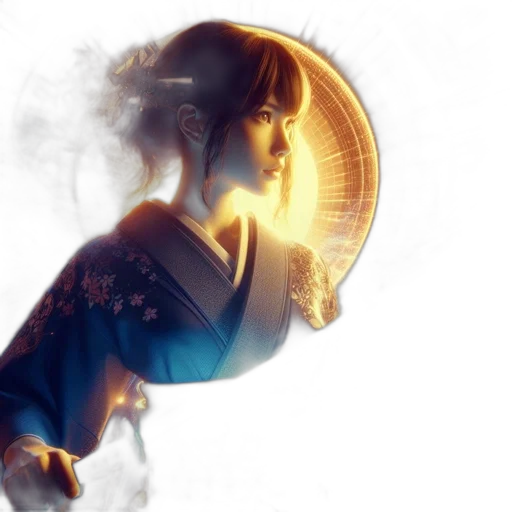 concept art, fantasy art, 3d render, photorealistic, outer space, fire, golden, asian transparent PNG cut-out