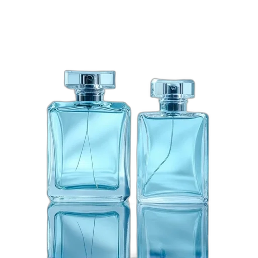 bottle, 3d render, photorealistic, blue, two, perfumes, dolcel, light transparent PNG cut-out
