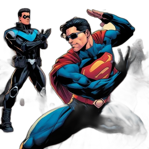 comic book art, concept art, cartoon, 3d render, two, superheroes, clad, contrasting transparent PNG cut-out