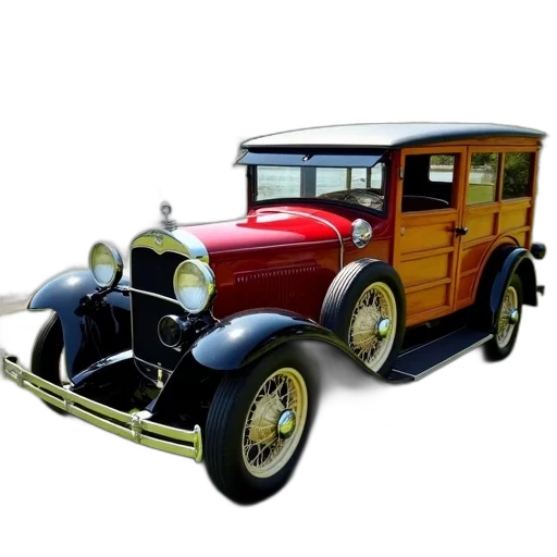 car, 3d render, photorealistic, vintage, wooden, body, red, black transparent PNG cut-out