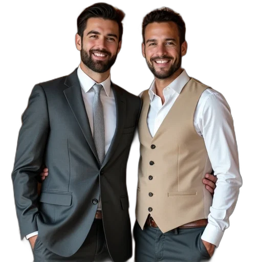 jacket, staff, earth tones, two, men, standing, next, each transparent PNG cut-out