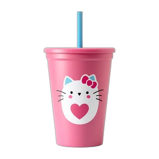 3d render, vaporwave, pink, plastic, cup, cartoon, cat, design transparent PNG cut-out