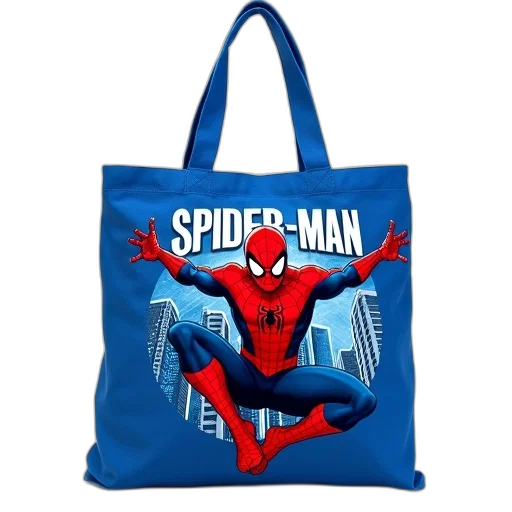 comic book art, 3d render, concept art, blue, tote, bag, spider-man, design transparent PNG cut-out