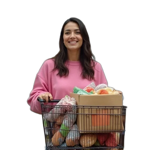 food, jacket, woman, pink, sweater, shopping, supermarket, holding transparent PNG cut-out