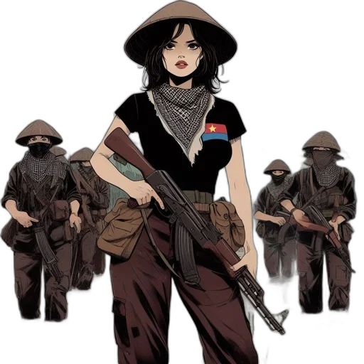 weapon, staff, jacket, concept art, comic book art, pixel art, anime, earth tones transparent PNG cut-out