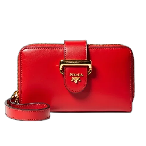 red, prada, wallet, gold, buckle, strap, displayed, against transparent PNG cut-out
