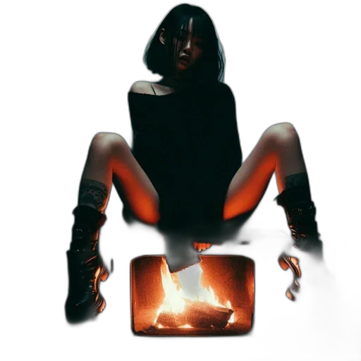 jacket, concept art, fantasy art, pixel art, 3d render, fire, neon lights, woman transparent PNG cut-out