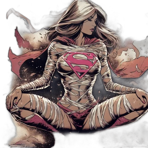 comic book art, concept art, fantasy art, watercolor, bandaged, supergirl, sits, meditatively transparent PNG cut-out