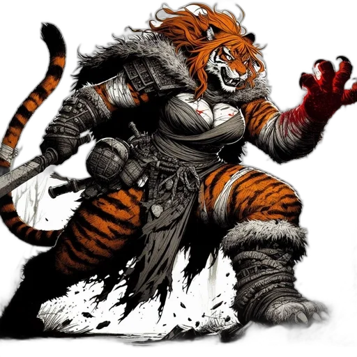 animal, fantasy art, concept art, comic book art, pixel art, anthropomorphic, tiger, warrior transparent PNG cut-out