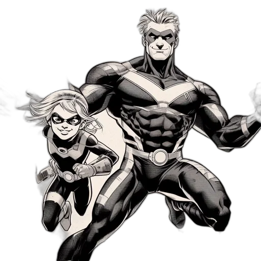 comic book art, concept art, cartoon, fantasy art, monochrome, two, superheroes, woman transparent PNG cut-out