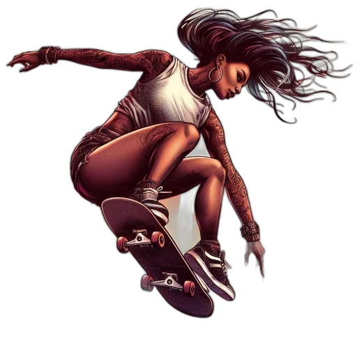 comic book art, concept art, fantasy art, cyberpunk, woman, long, hair, skateboards transparent PNG cut-out
