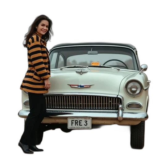 car, vintage, white, body, black, roof, parked, dusty transparent PNG cut-out