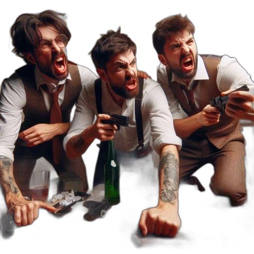 concept art, photorealistic, 3d render, three, men, vintage, attire, hold transparent PNG cut-out