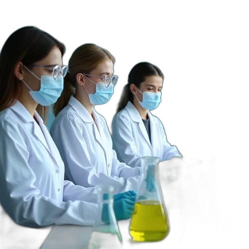 three, individuals, white, lab, coats, face, masks, seated transparent PNG cut-out
