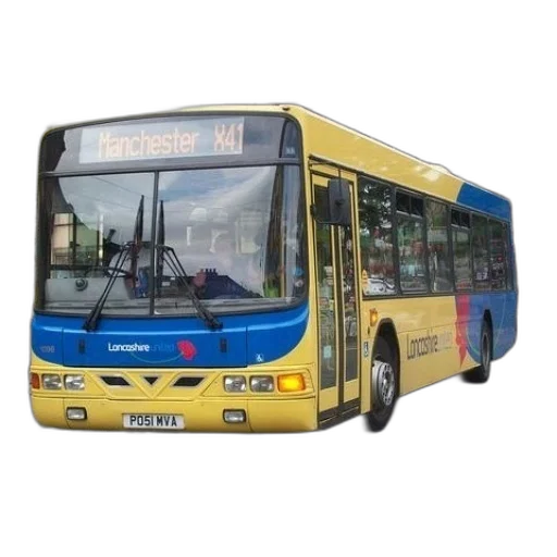 photorealistic, 3d render, yellow, blue, bus, destination, manchester, x41 transparent PNG cut-out