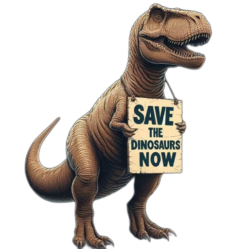 illustrated, t-rex, stands, upright, brandishing, save, dinosaurs, now transparent PNG cut-out