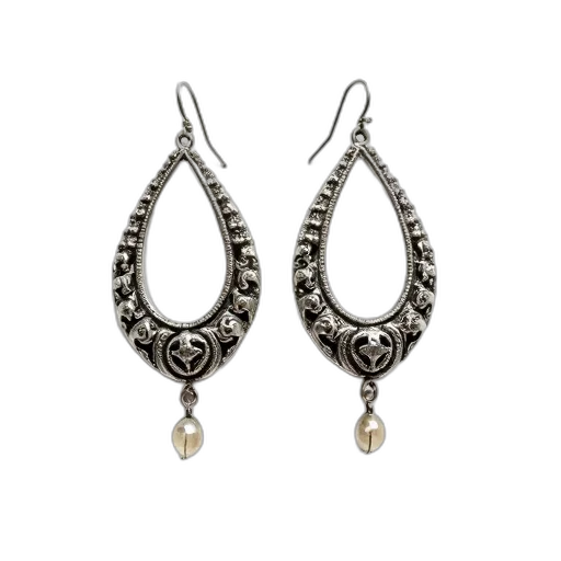 jewelry, pair, ornate, silver-colored, hoop, earrings, intricate, designs transparent PNG cut-out