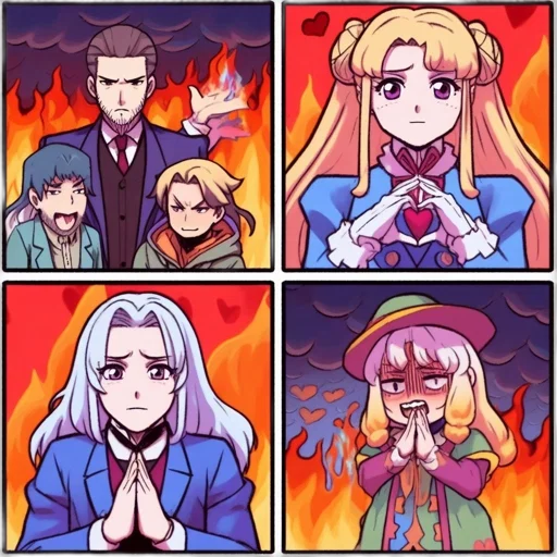 anime, pixel art, vaporwave, comic book art, fire, four-panel, comic, sequence transparent PNG cut-out