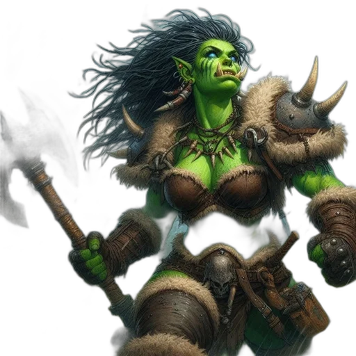 fantasy art, concept art, green, green-skinned, tusked, warrior, black, hair transparent PNG cut-out